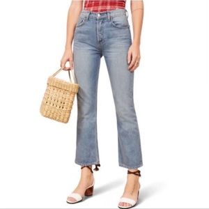 reformation denim jeans “jordi kick flare” high waisted button up denim pants